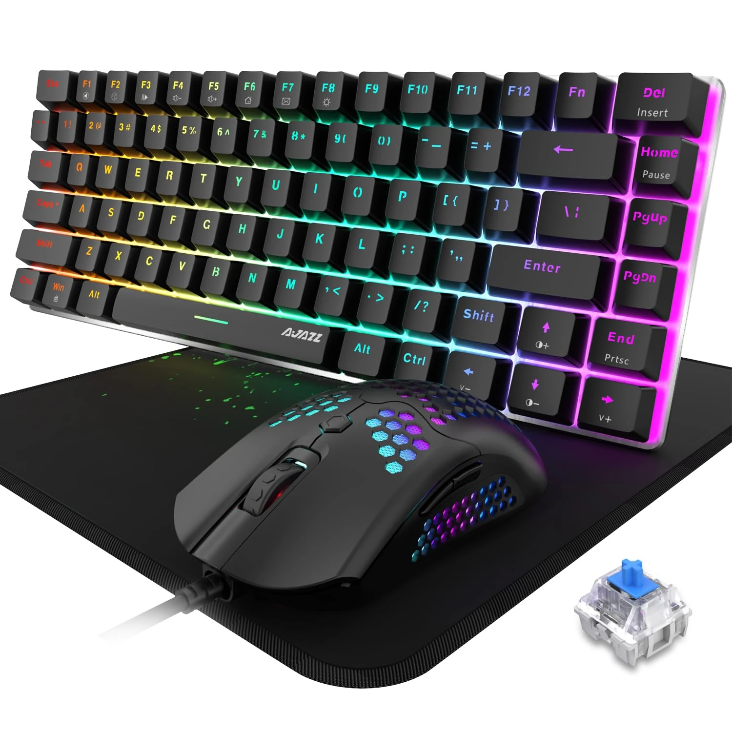 Wired Gaming keyboard Mouse combo, 3 in 1 set, Rainbow Fixed Backlit Blue Switch 82-key Compact Mechanical Keyboard, 12000DPI Wired 65G Lightweight Gaming USB Mouse with 26 RGB Backlit+Cool Mouse Pad