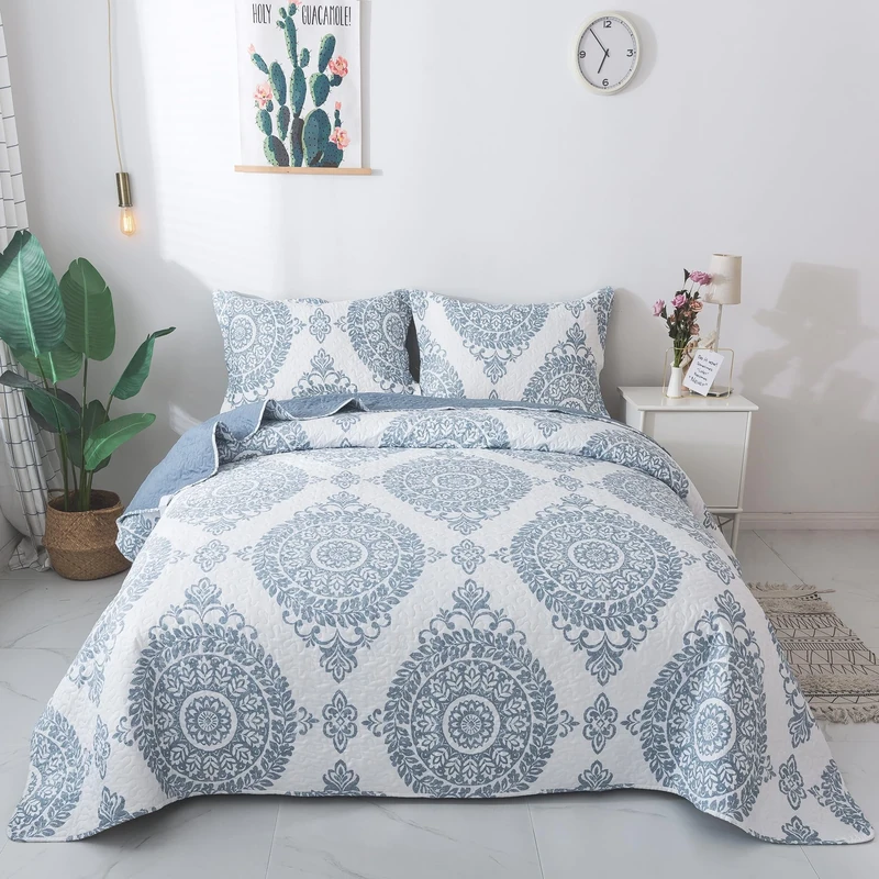 Travan 3-Piece Quilt Set Quilted Bedspread Lightweight Coverlet Set Floral Printed Oversized Quilted Bedding Set with Shams for All Season, Blue Floral, Queen Size