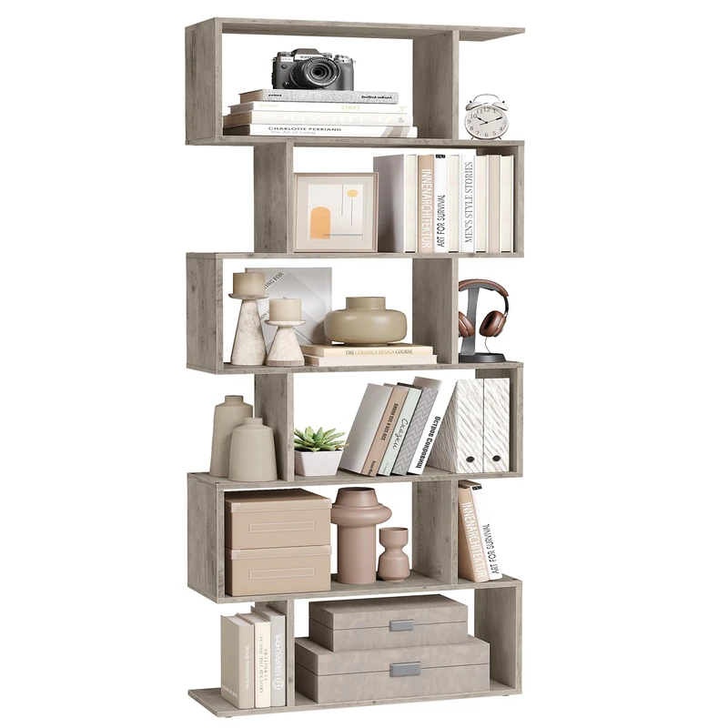 VASAGLE Bookshelves, 6-Tier Bookcase, 24 x 70 x 191.6 cm, Room Divider, Cube Display Shelf, Freestanding Storage Shelf, Modern Style, for Living room, Bedroom, Office, Greige LBC061M01