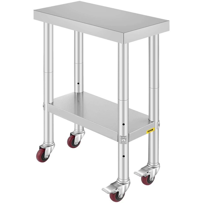 VEVOR Stainless Steel Catering Work Table 12x24 Inch Commercial Workbench with 4 Wheels, Flexible Adjustment Shelf for Kitchen Prep, Silver