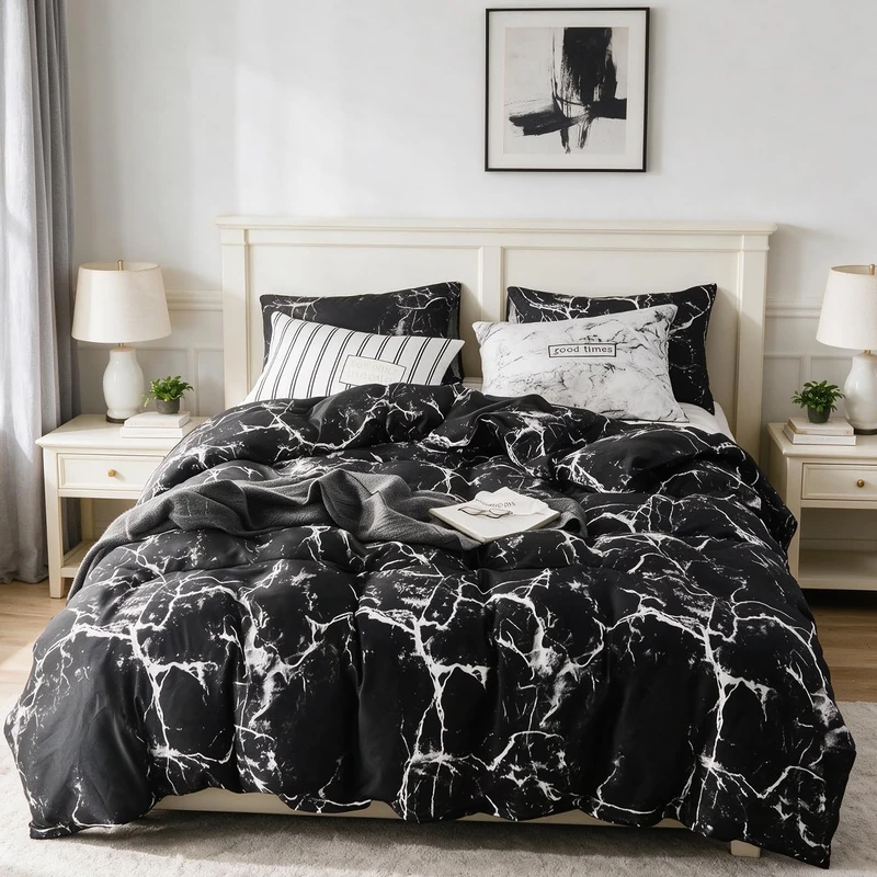 CLOTHKNOW Black White Marble King Size Comforter Set Black Bedding Sets