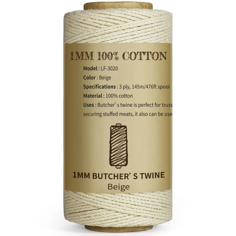 TJ.MOREE Butchers Twine, 1 MM 3Ply 100M/328FT Beige String, Food Safe Cotton Meat Rope String for Cooking, DIY Gifts, Parceling, Sausage Making, Crafts and Garden Decor (1 Pack)