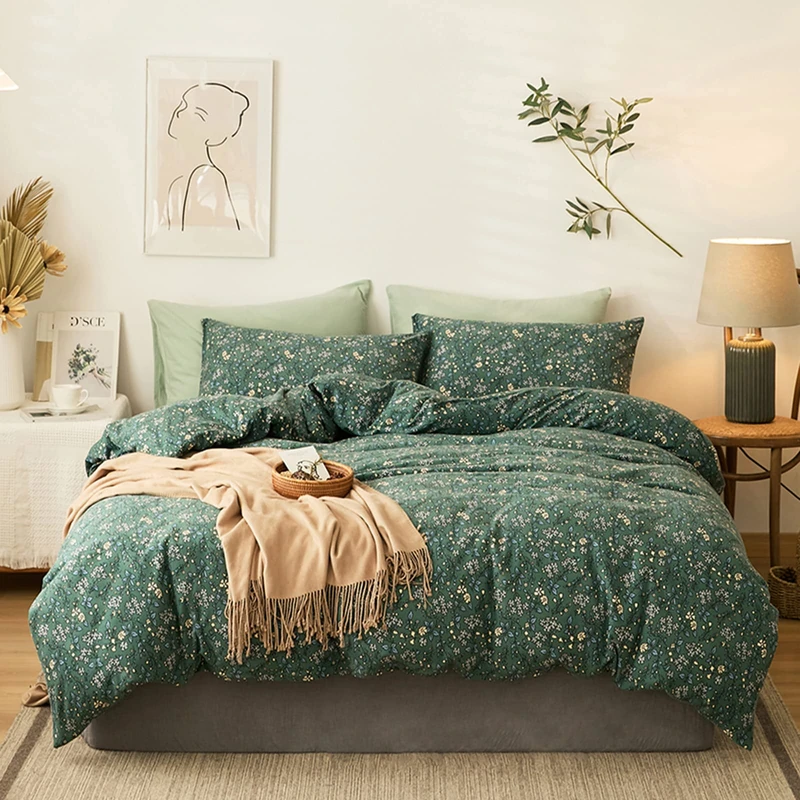 HighBuy Jersey Knit Cotton Duvet Cover Queen Green Floral 100% T-Shirt Cotton Comfy Bedding Set Super Soft Garden Chic Comforter Cover Queen Size