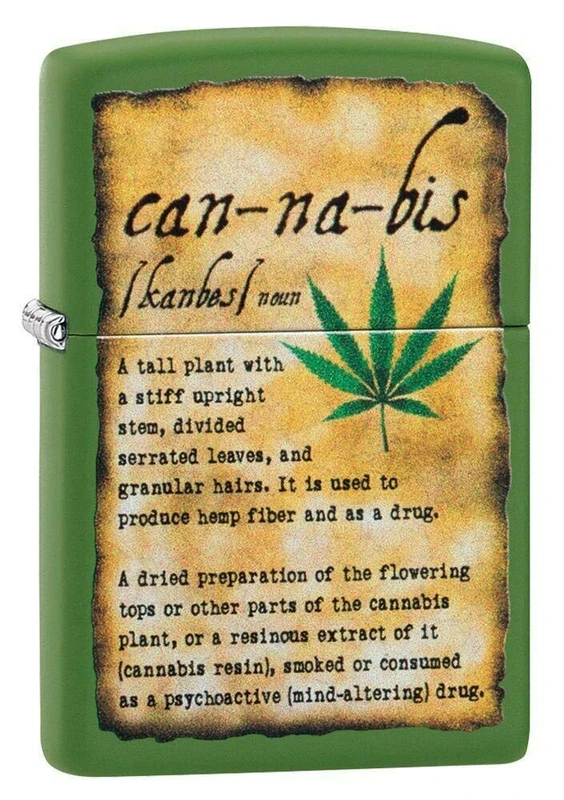 Zippo - Windproof Lighter, Cannabis Design, Matt Green, Colour Image, Refillable, Reusable, Windproof Design, Gift Box, Made in the USA