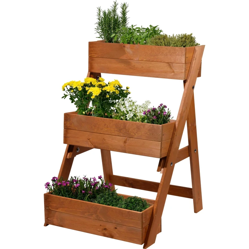 dobar® Three-Level Outdoor Plant Stairs Made of Solid Wood for Balcony and Garden - Flower Bed with 3 Planters Weatherproof Varnished for Outdoor Use - 60 x 70 x 90 cm - Brown