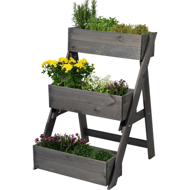 dobar 3 Tier Wooden Stairs Flower Boxes with Plant Film 60 x 70 x 90 cm Pine, Wood, Charcoal