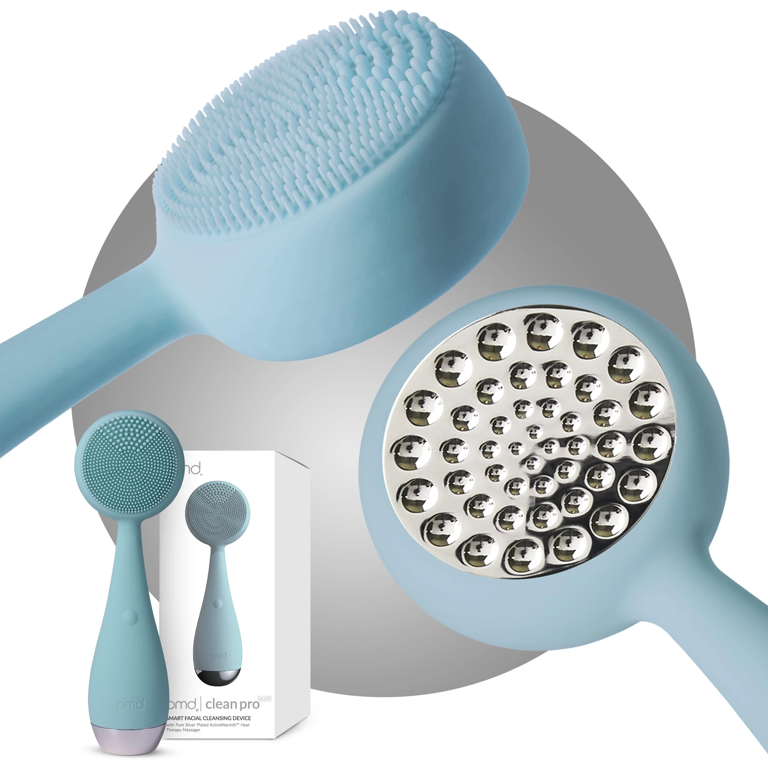PMD Clean Pro Silver - Smart Facial Cleansing Device with Silicone Brush & Pure Silver ActiveWarmth Anti-Aging Massager - Waterproof - SonicGlow Vibration - Clear Pores & Blackheads