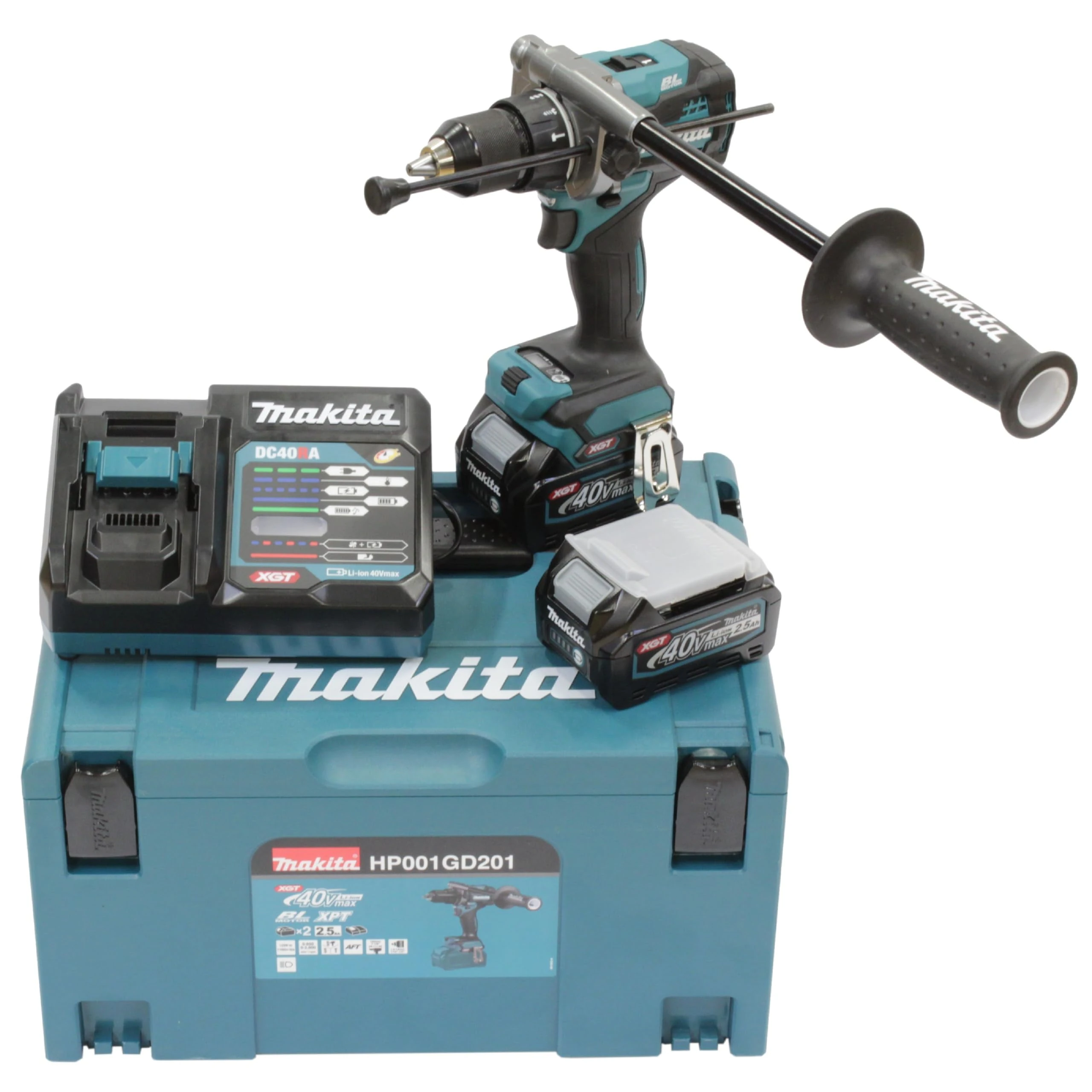 Makita HP001GD201 40V Max Li-ion XGT Brushless Combi Drill Complete with 2 x 2.5 Ah Batteries and Charger Supplied in a Makpac Case
