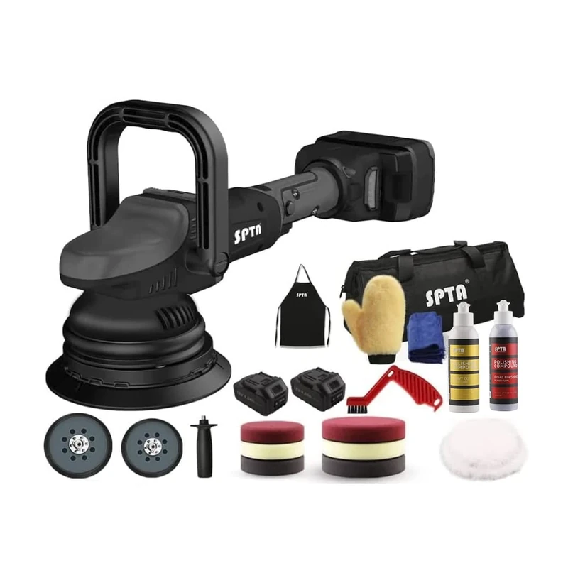SPTA Cordless Car Polisher, 20V, 2500-4500RPM, Variable Speed, Battery Powered, with 2 Batteries, Charging Station, for Vehicles, Boats, Tiles, Metals
