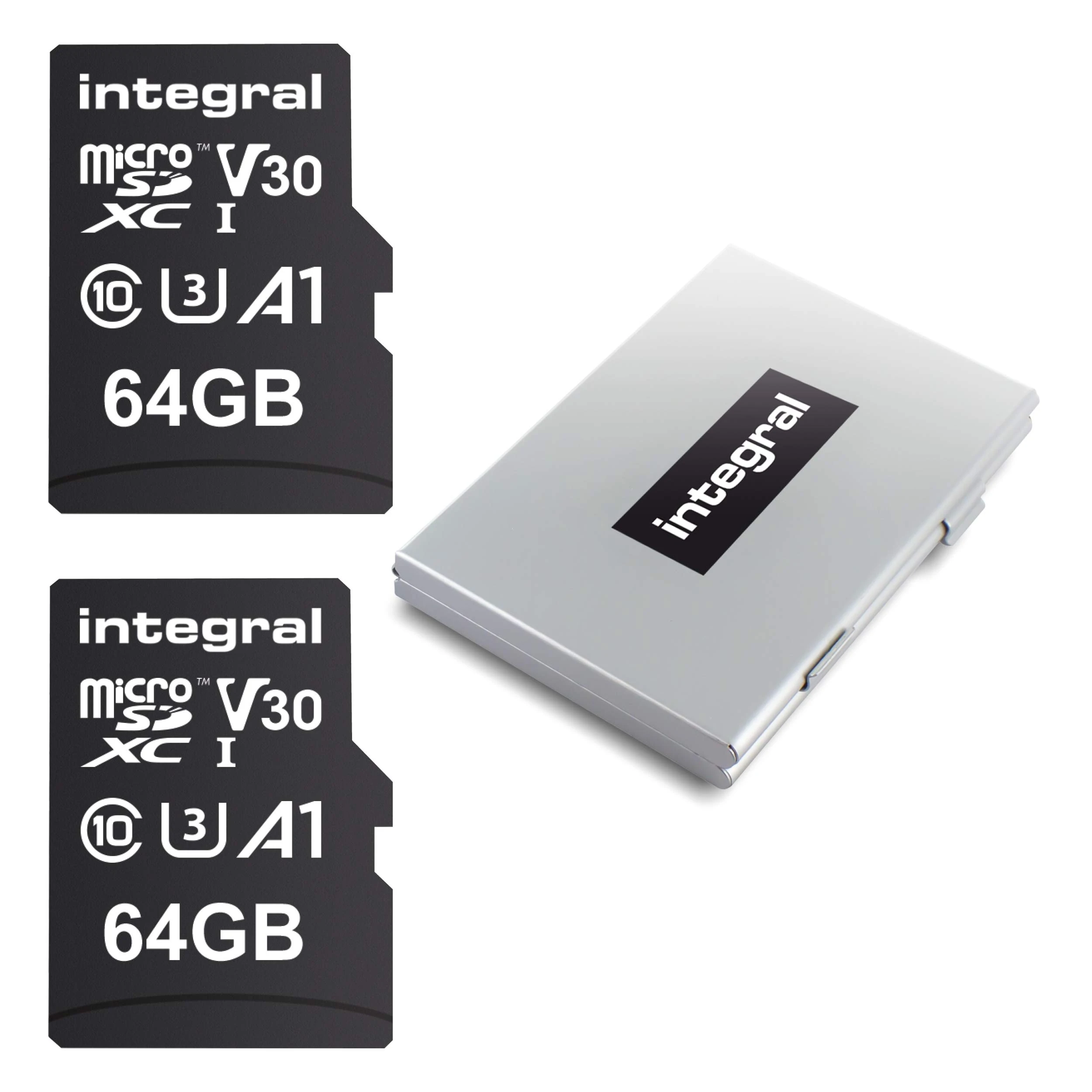 Integral 64GB 2-pack Micro SD Card with a 12 Slot Protective Metal Card Case - 4K Ultra-HD Video Premium High Speed Up to 100MB/s Read Speed - Microsdxc V30 UHS-I U3 C10 A1