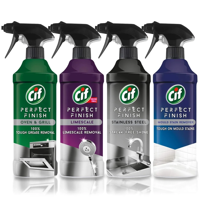 Cif 4 in 1 Cleaning Spray Kit Perfect Finish, Oven & Grill Cleaner, Limescale Remover, Stainless Steel Cleaner & Mould Remover, Multi Surface Kitchen & Home Cleaner, 4 x 435ml