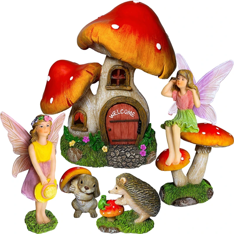 Mood Lab Fairy Garden Miniature Kit - Mushroom House Set of 6 pcs - Figurines and Accessories for Outdoor or House Decor