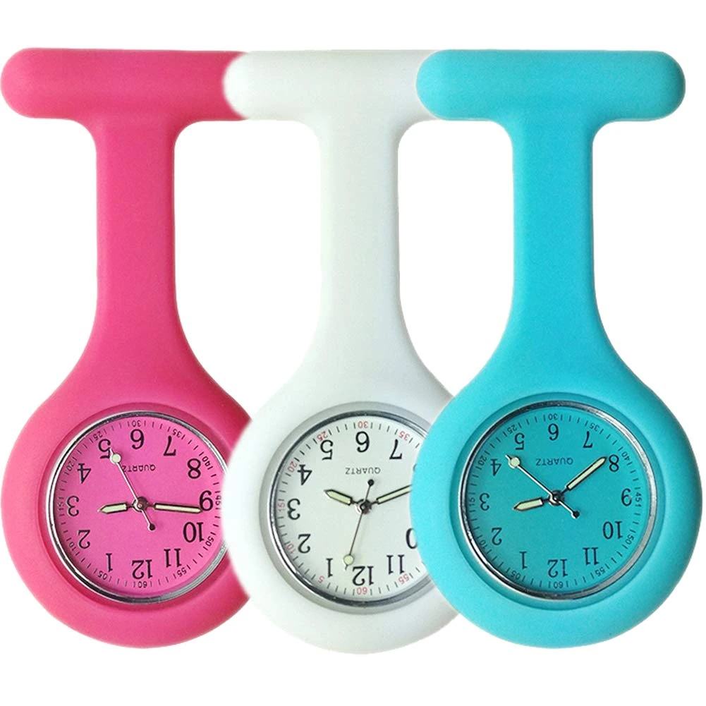 SibyTech Nurse Watch Brooch,Silicone with Pin/Clip, Glow in Dark, Health Care Nurse Doctor Paramedic Medical Brooch Fob Watch (Pink White Blue)