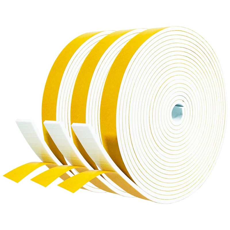 fowong Draft Excluder for Doors, 3 Rolls 20mm(W) x 3mm(T) Weather Strip Tape Seals for Gap Seal, Closed Cell Foam Seal Strip Tape, Weather Stripping for Doors and Windows, Total 15M Long, White