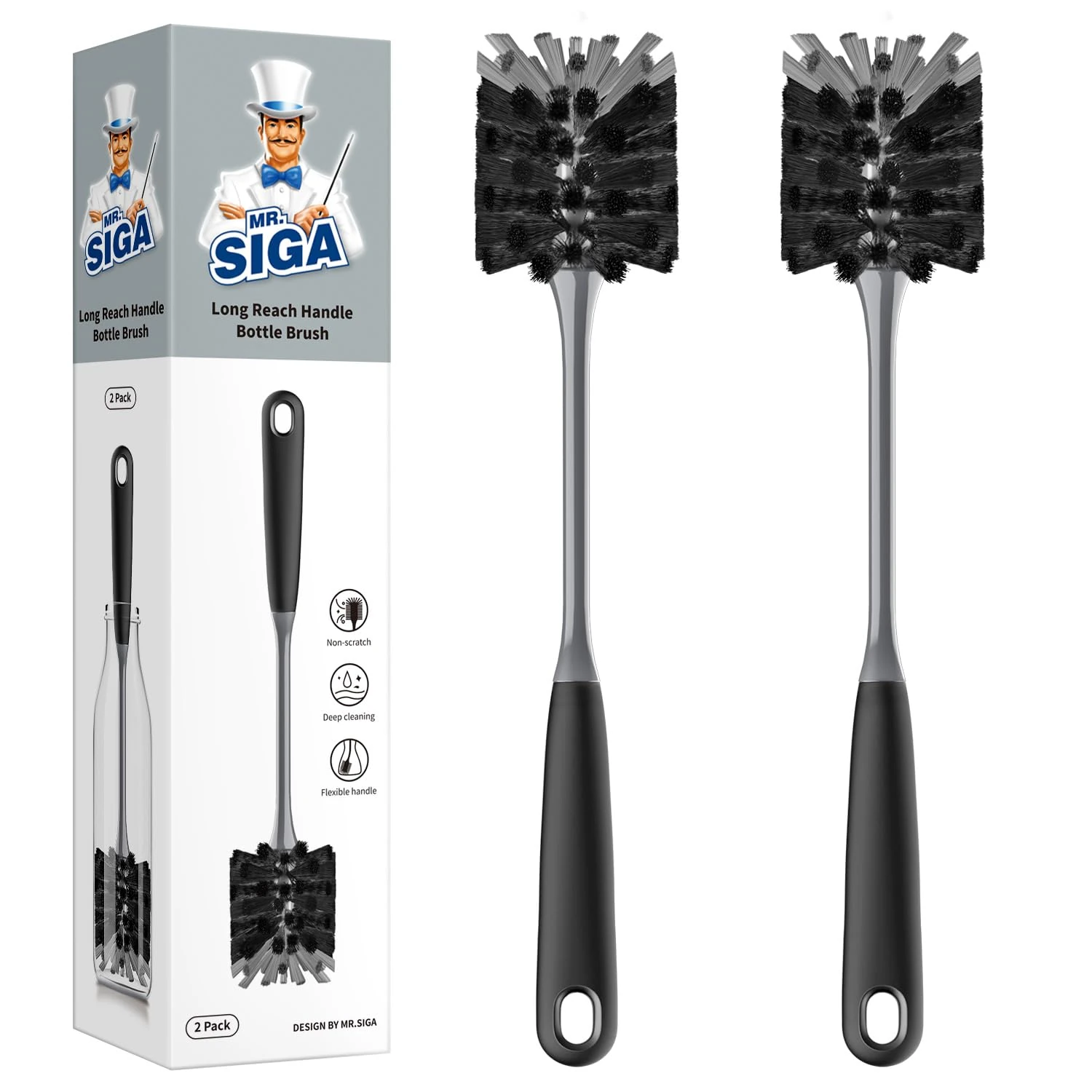 MR.SIGA Long Handle Bottle Brush, Cleaning Brush for Water Bottle, Glassware, 2 Pack
