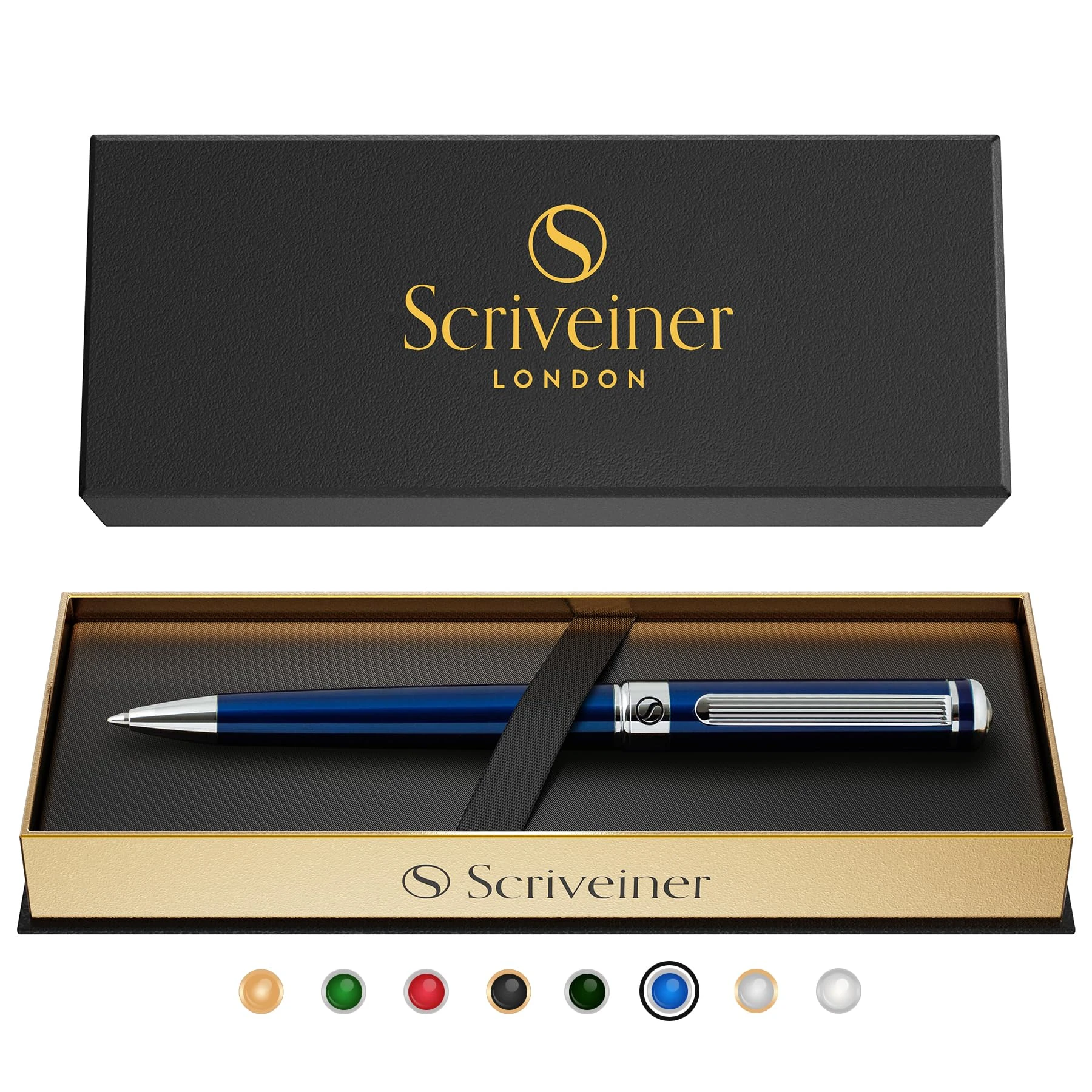 Scriveiner Midnight Blue Ballpoint Pen Midnight Blue Ballpoint Pen Set with Chrome Steel Finish, Refillable and Retractable, Beautiful Gift for Men & Women with Box, Professional Office Accessory