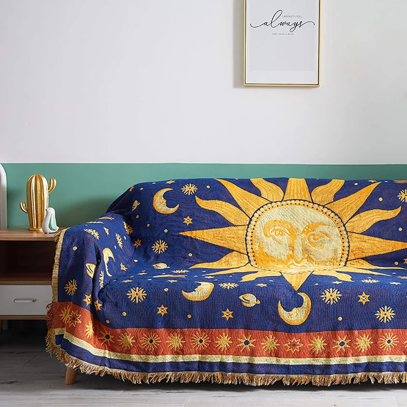 MayNest Sun And Moon Stars Hippie Throw Blanket Celestial Tapestry Double-sided Reversible Woven Cotton Home Decor Bedding Chair Couch Recliner Cover Loveseat Rug Oversized Tassels Blue Yellow (67x90)