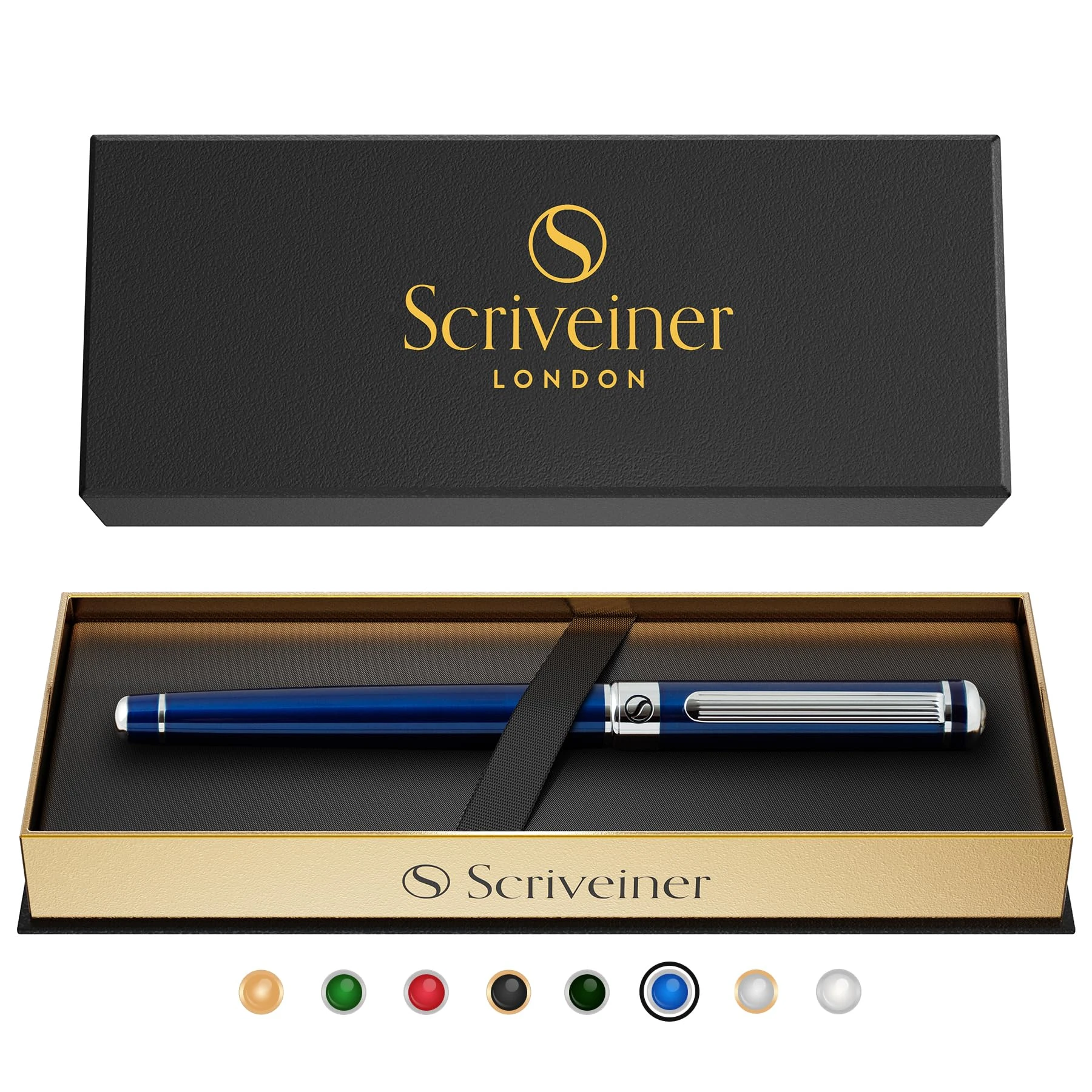 Scriveiner Midnight Blue Rollerball Pen - Multi Award Winning Luxury Rollerball with Chrome Trim & Schmidt Refill, Quality Executive Writing Pen for the Office, Journaling or Gift Set for Men & Women