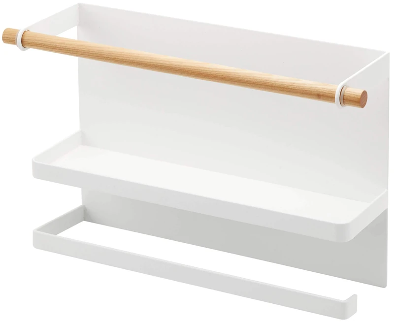 Yamazaki 5087 TOSCA Magnetic Side Rack, white, Steel/Wood/Silicone, Minimalist, 32 x 9.5 x 20 cm