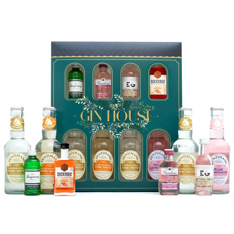 Flavoured Gin Gift Set - Premium 4x5cl Gordons Pink, Edinburgh Rhubarb and Ginger, Tanqueray, Dockyard Orange, 4x125ml Fentimans Tonic Cocktail Mixers - Gin Gifts for Women, Men, Birthday, Valentines