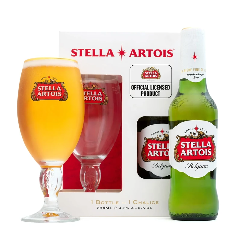 Stella Artois Beer Gift Set - Official Licensed Stella Artois Bottle 330ml and 330ml Chalice Glass - Beer Gifts for Men, Alcohol Gifts for Him, Dad Birthday, Mens Stocking, Secret Santa, Christmas