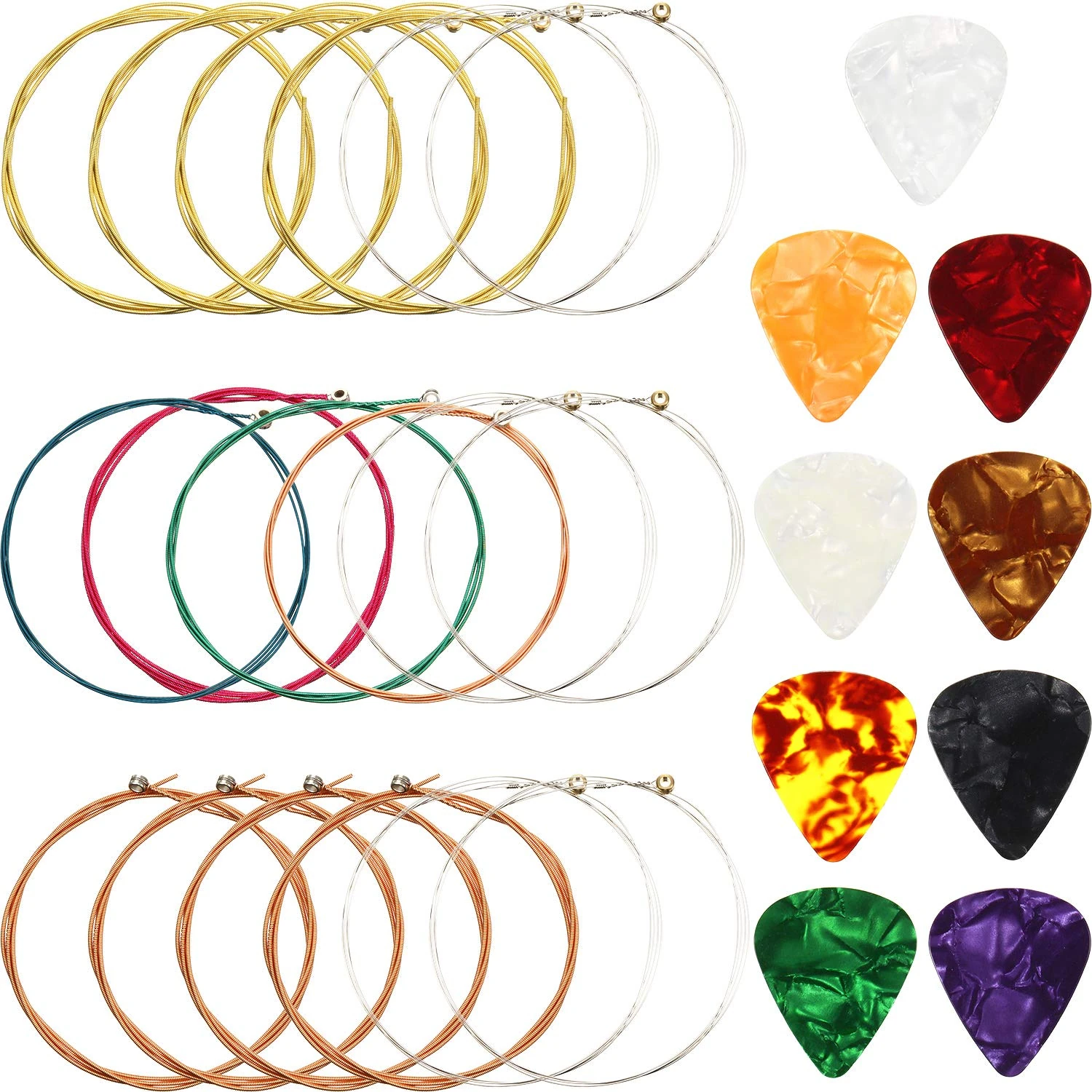 3 Sets Acoustic Guitar Strings Steel Guitar Strings Replacement (Gold, Brass, Multicoloured) with 9 Pieces Celluloid Guitar Picks 3 Sizes for Guitar Beginners
