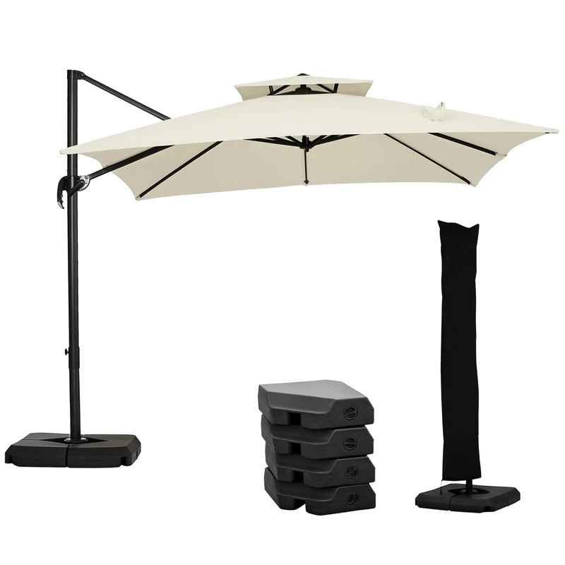 Outsunny 2.7 x 2.7 m Cantilever Parasol with Aluminium Frame, Crank and Tilt, 360-Degree Rotation, Double Top Garden Umbrella with Base and Cover, Beige