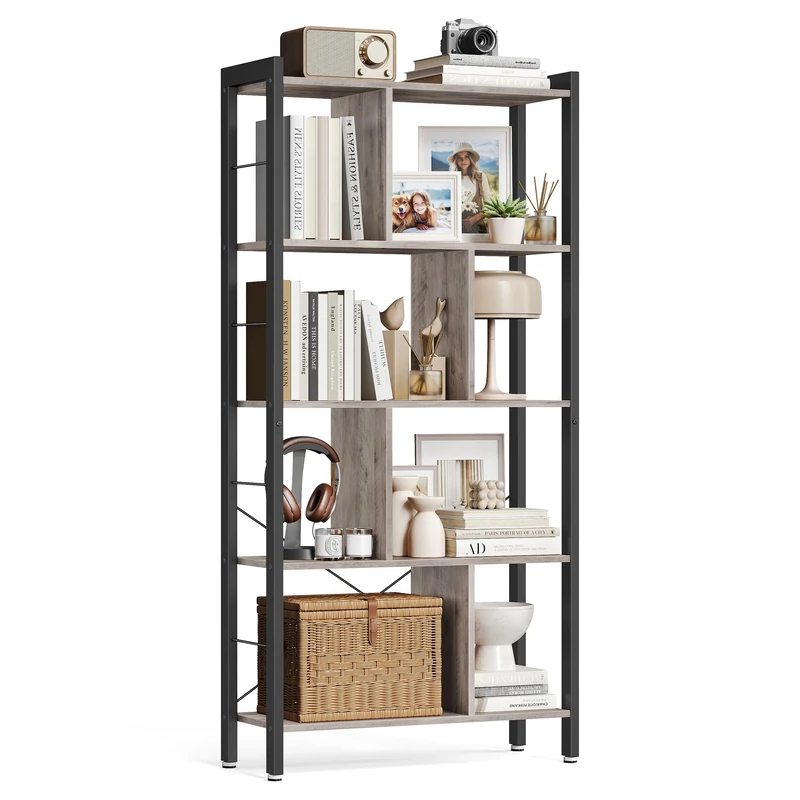 VASAGLE Bookshelf, Bookcase, 5 Tiers, Office Shelf, Open Shelf, Large, Metal Structure, Industrial Style, Heather Greige and Ink Black LBC012B02