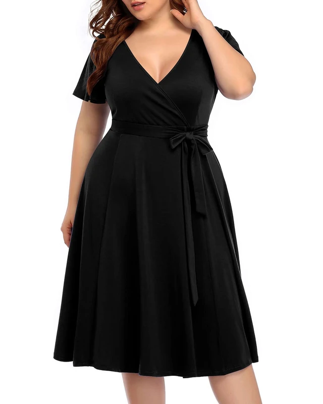 Pinup Fashion Women's Plus Size Wrap Dress V Neck Flutter Sleeve Floral Midi Dress Casual Party Bridesmaid Swing Dress - Black - 22 Plus