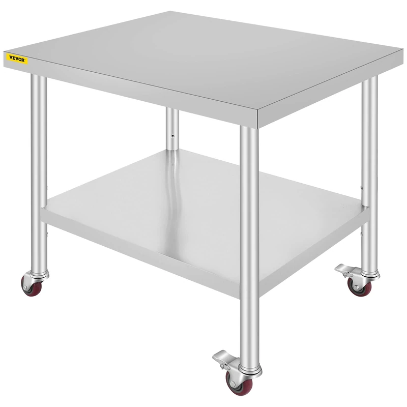 VEVOR Stainless Steel Work Table Kitchen Worktop 76x91x86cm Professional Worktop 4 Wheels for Food Preparation