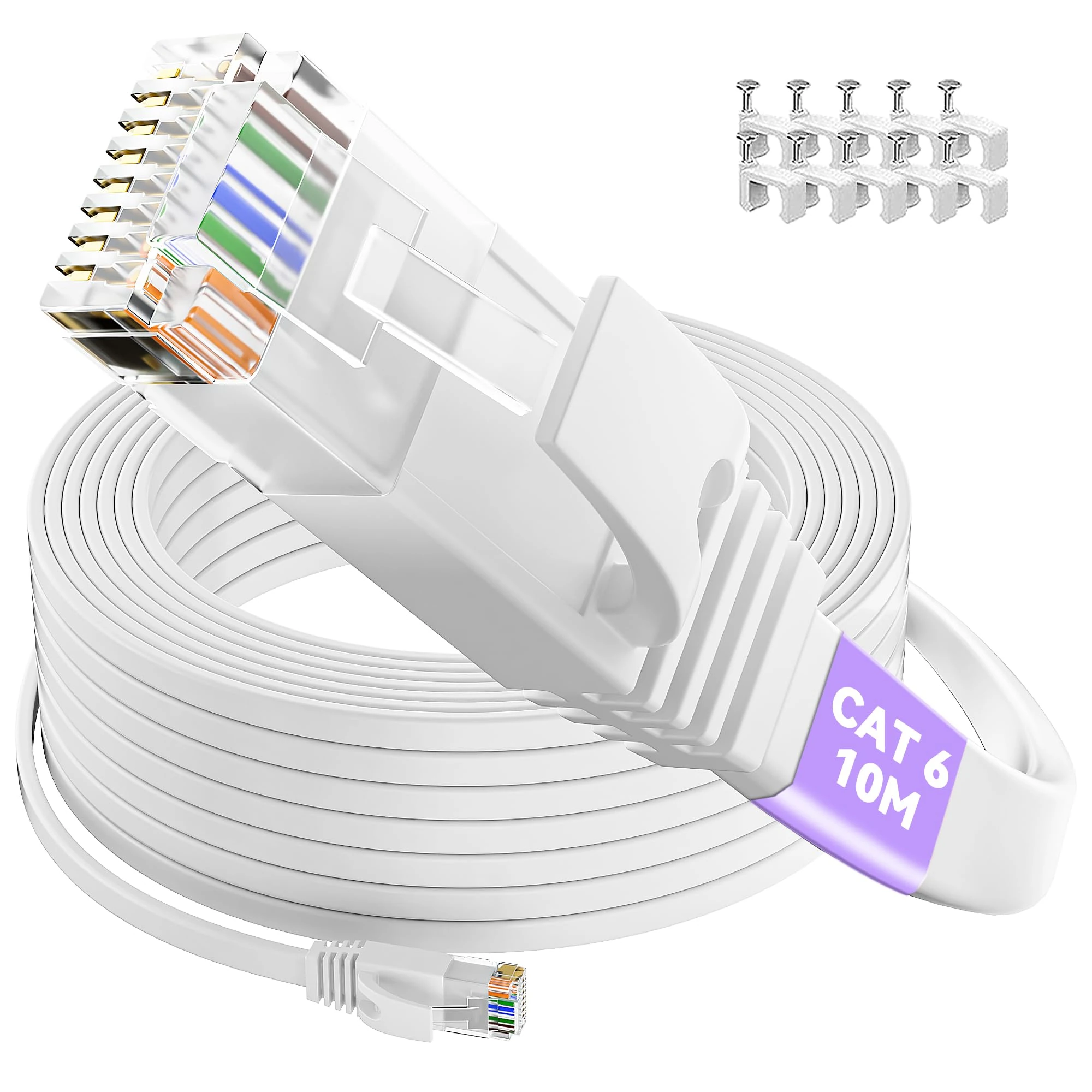 Ethernet Cable 10m, Cat 6 Flat Internet Cable 10m Long High Speed RJ45 Network Cable 10/100/1000Mbps 250MHz, White Gigabit Patch Cord 10 meter LAN Cable Broadband for Router Switch Modem (10 Clips)