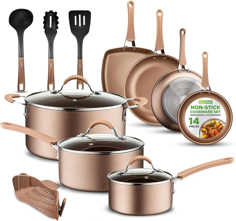 NutriChef Pots and Pans Set Stackable - Ceramic Non Stick Pan Set, Induction Hob Cookware, Premium Cooking Set w/Lids, Heat Resistant, 14 Pcs, Gold
