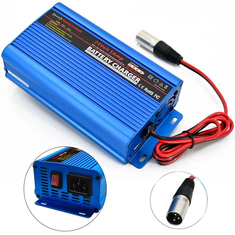 24V battery charger automatic smart charger 5A trickle charger and I/O switch 3 pin xlr connector for charging AGM gel lead-acid batteries for cars wheelchairs boats(UK Plug)