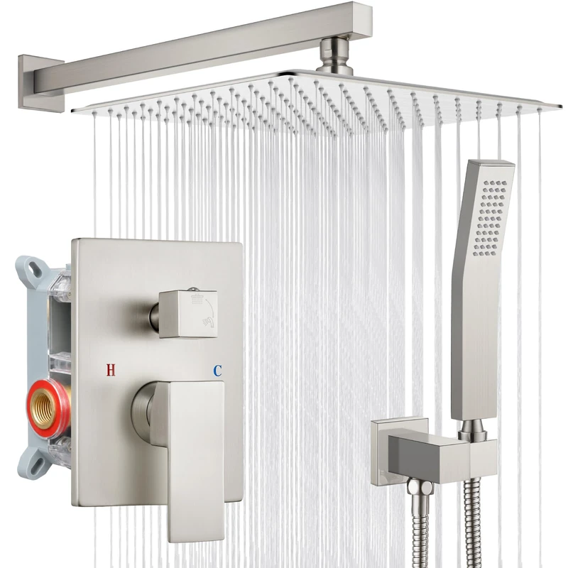 gotonovo Rainfall Bathroom Shower System Rain Shower Head and Handle Set Wall Mounted Shower Complete Combo Solid Brass Pressure Balancing Shower Mixer Valve 12 Inch Brushed Nickel