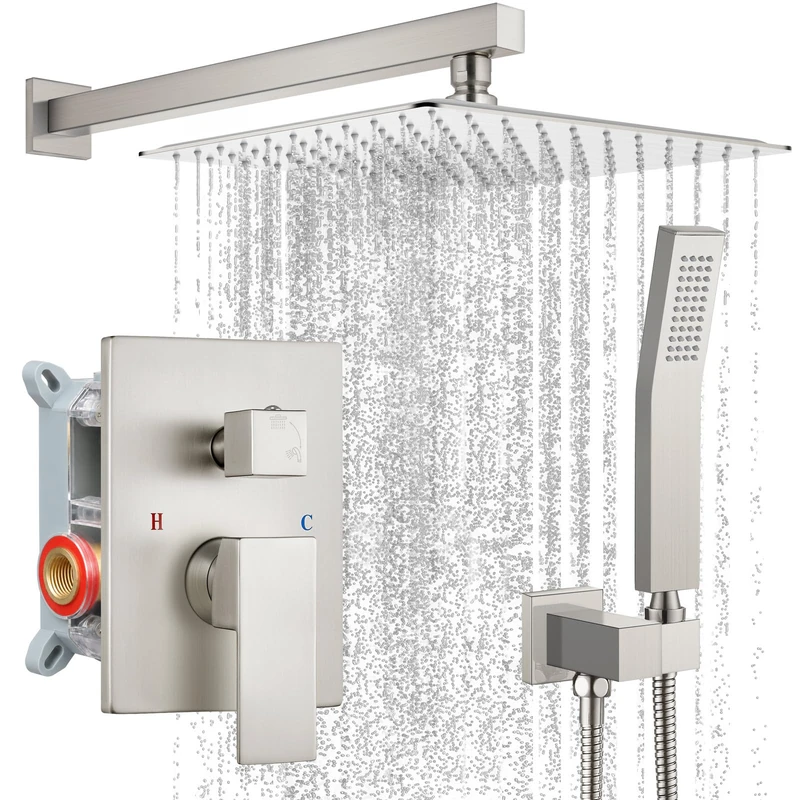 gotonovo 10" Rain Shower System Brushed Nickel Luxury High Pressure Shower Head Bathroom Shower Faucet Set Hand Held Spray Rough-in Valve and Shower Trim Included