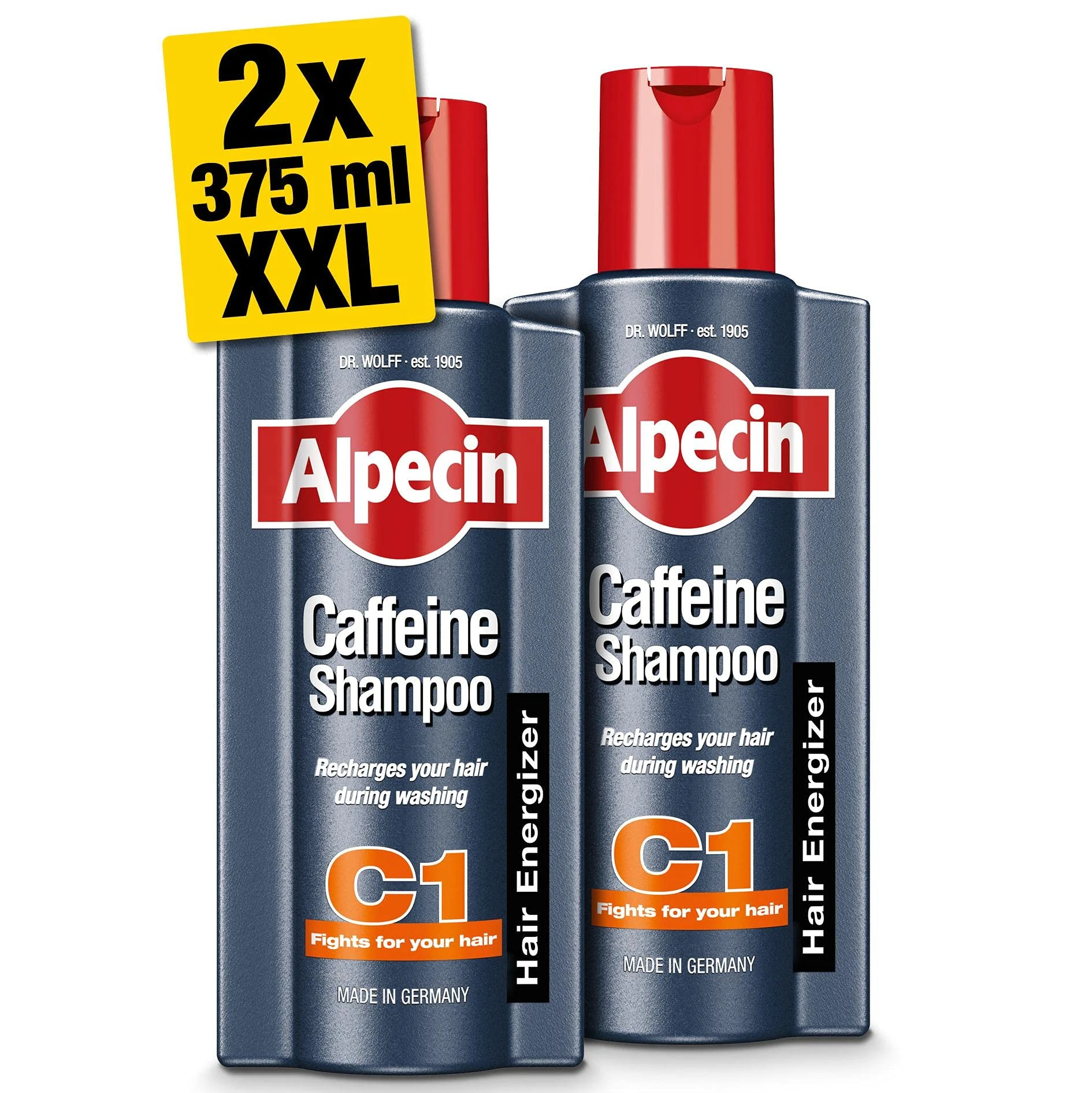 Alpecin Caffeine Shampoo C1 2x 375ml | For Stronger and Thicker Hair | Natural Hair Growth Shampoo for Men | Made in Germany