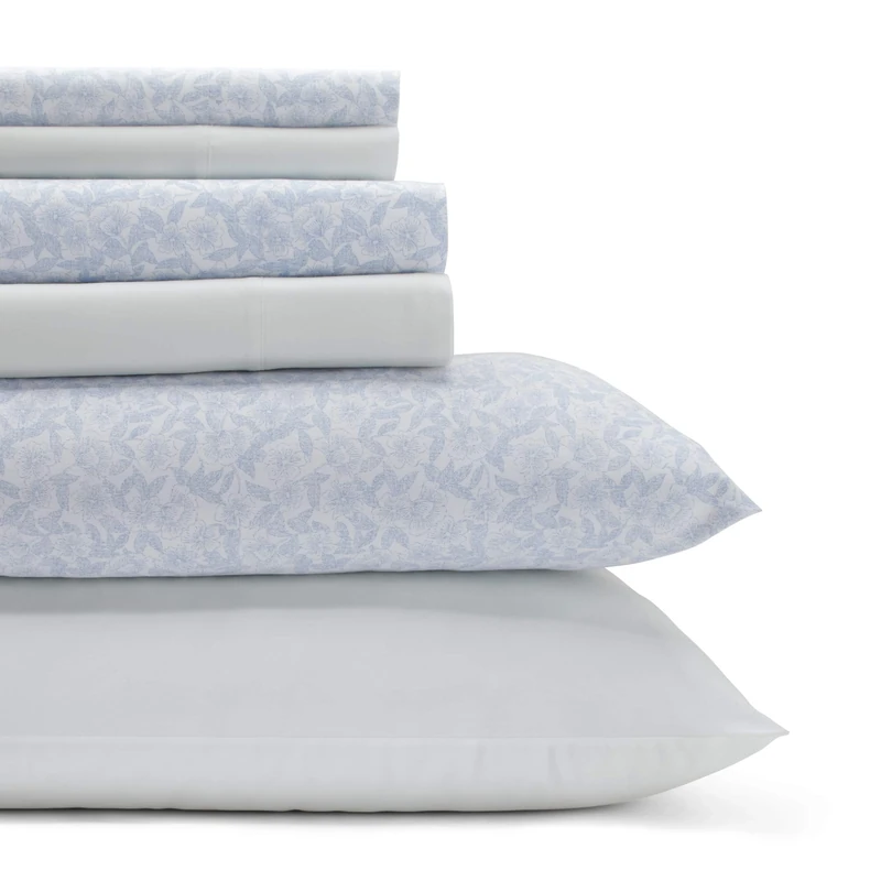 Laura Ashley - King Sheets, Cotton Percale 6-Piece Bedding Set, Crisp & Cool Home Decor (Belle Blue Cashmere, King)