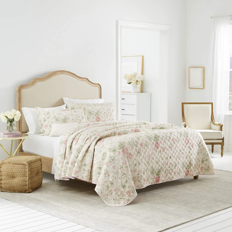 Laura Ashley Home 100% Cotton, Reversible, Lightweight & Breathable Bedding, Pre-Washed for Added Softness, Pink/Green, Queen