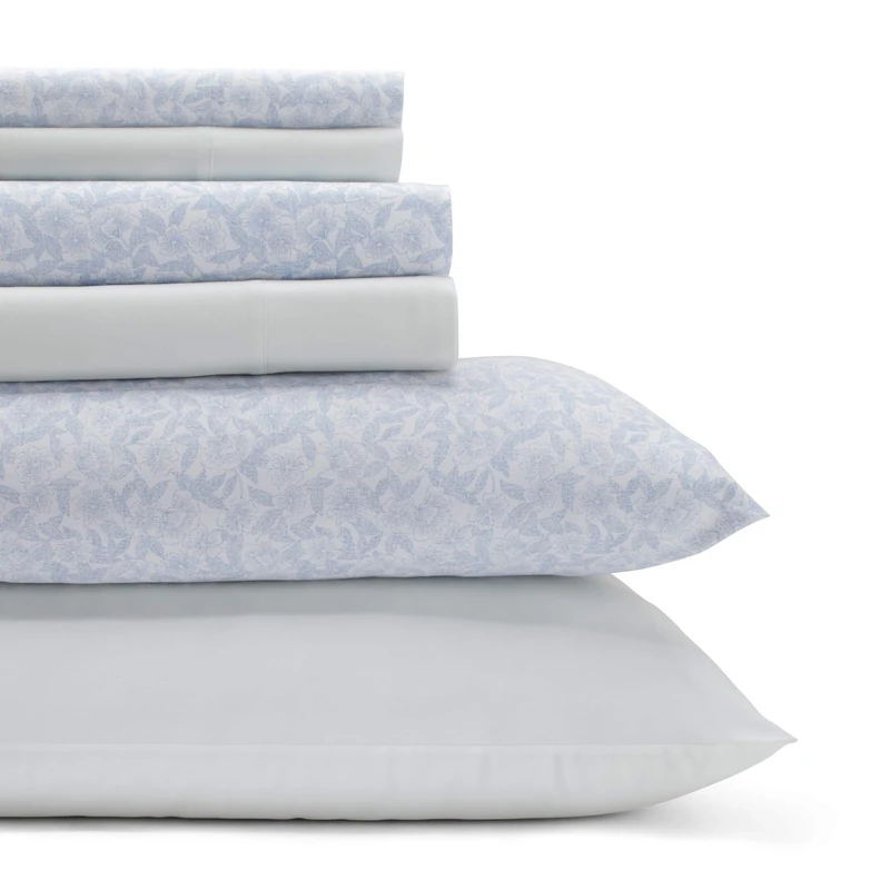 Laura Ashley - Queen Sheets, Cotton Percale 6-Piece Bedding Set, Crisp & Cool Home Decor (Belle Blue Cashmere, Queen)