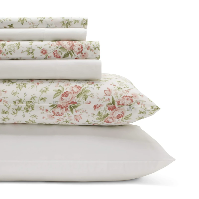 Laura Ashley - Queen Sheets, Cotton Percale 6-Piece Bedding Set, Crisp & Cool Home Decor (Marissa Coral, Queen) - Image 1