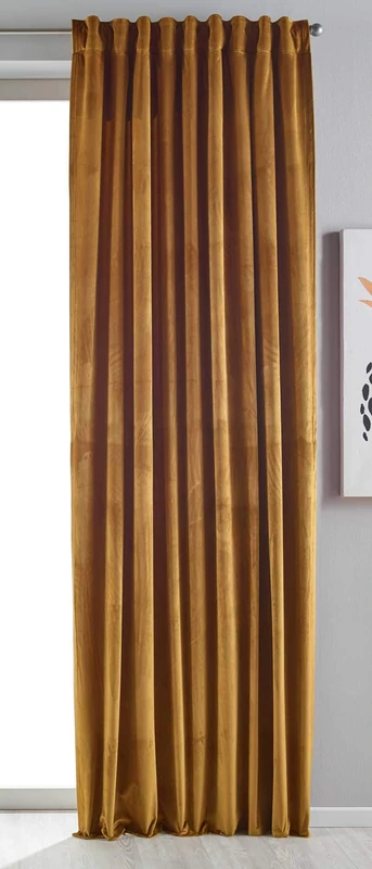 Gardinenbox Milano 20357 Blackout Curtain Velvet Opaque Loop Tape Tunnel Pull-Through Blackout Ironing Tape Shortenable Mustard 1 Piece HxW 235 x 135 cm - Image 1