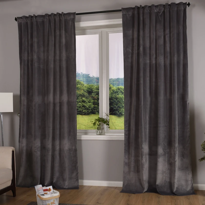 Gardinenbox Milano 20357 Blackout Curtain Velvet Opaque Loop Band Tunnel Pull Blackout Ironing Tape Can Be Shortened Grey 2 Pieces HxW 235 x 135 cm