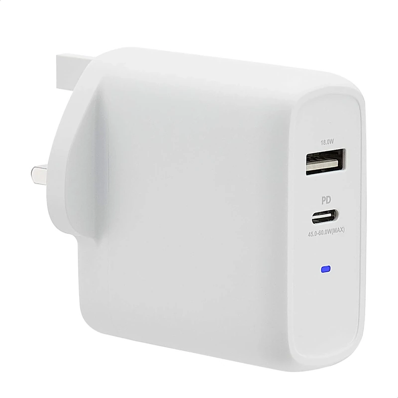 Amazon Basics 63W Two-Port GaN Wall Charger with 1 USB-C (45W) and 1 USB-A Port (18W) for Laptops, Tablets and Phones with Power Delivery - White (non-PPS)