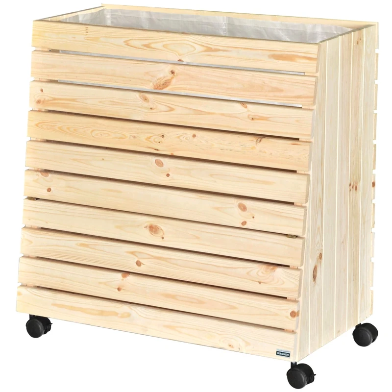 WAGNER GreenBox Mobile Raised Bed Large Solid Wood Natural 79 x 80 x 43/33 cm Wheels Including Plant Bag Natural Wood