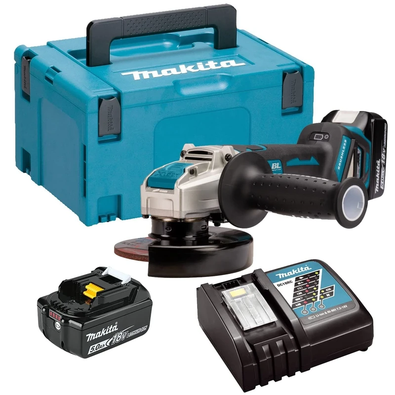 Makita DGA519RTJ Cordless Angle Grinder 18V/5.0Ah with 2 Batteries and Charger in Makpac Blue Black Silver Box