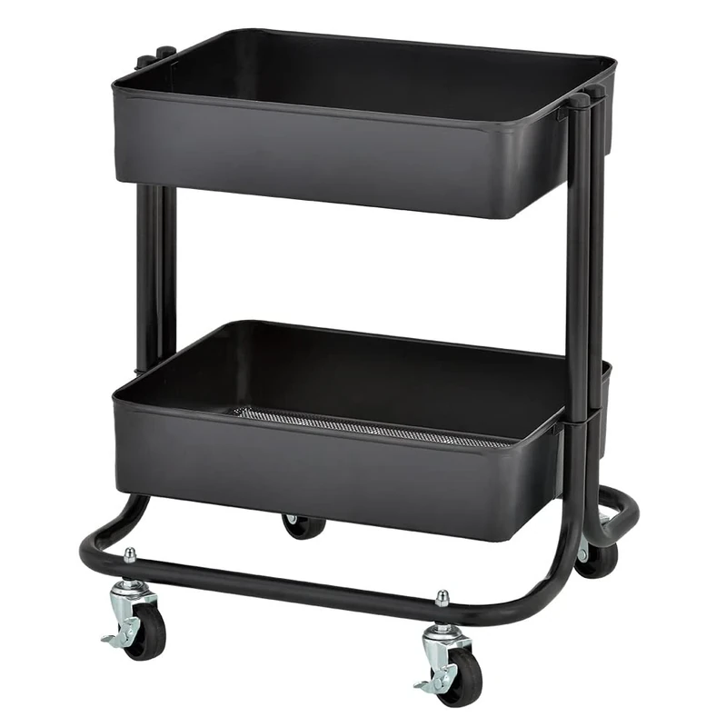 ECR4Kids 2-Tier Metal Rolling Utility Cart - Under Desk Office Storage, Multipurpose Mobile Organizer, Black