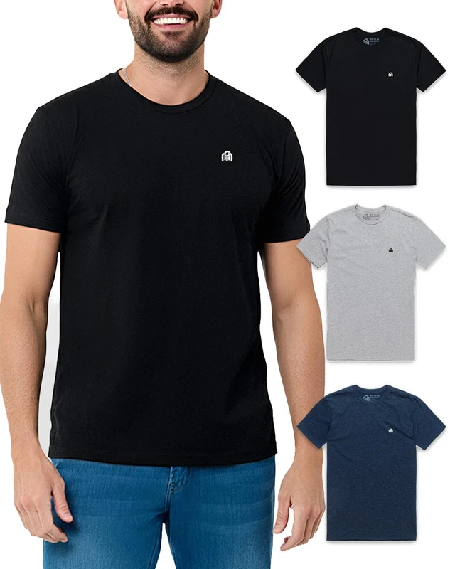 Men's Crew Neck T-Shirts - Premium Fitted Modern Basic Logo Tees-3-pack Black, Grey, and Navy-Large