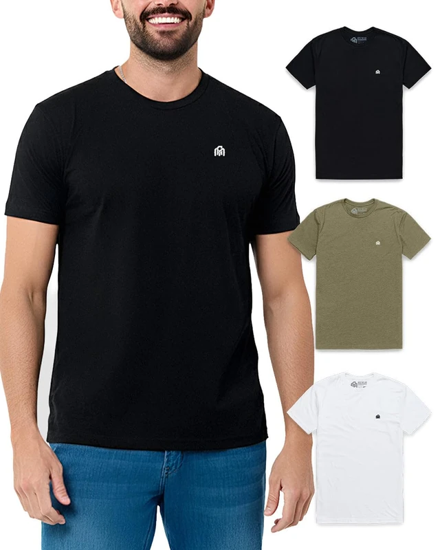 Men's Crew Neck T-Shirts - Premium Fitted Modern Basic Logo Tees-3-pack Black, Olive, and White-X-Large
