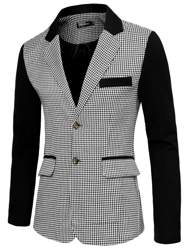 Lars Amadeus Men's Casual Sport Coat Pattern Button Up Houndstooth Plaid Blazer, Black White, Medium