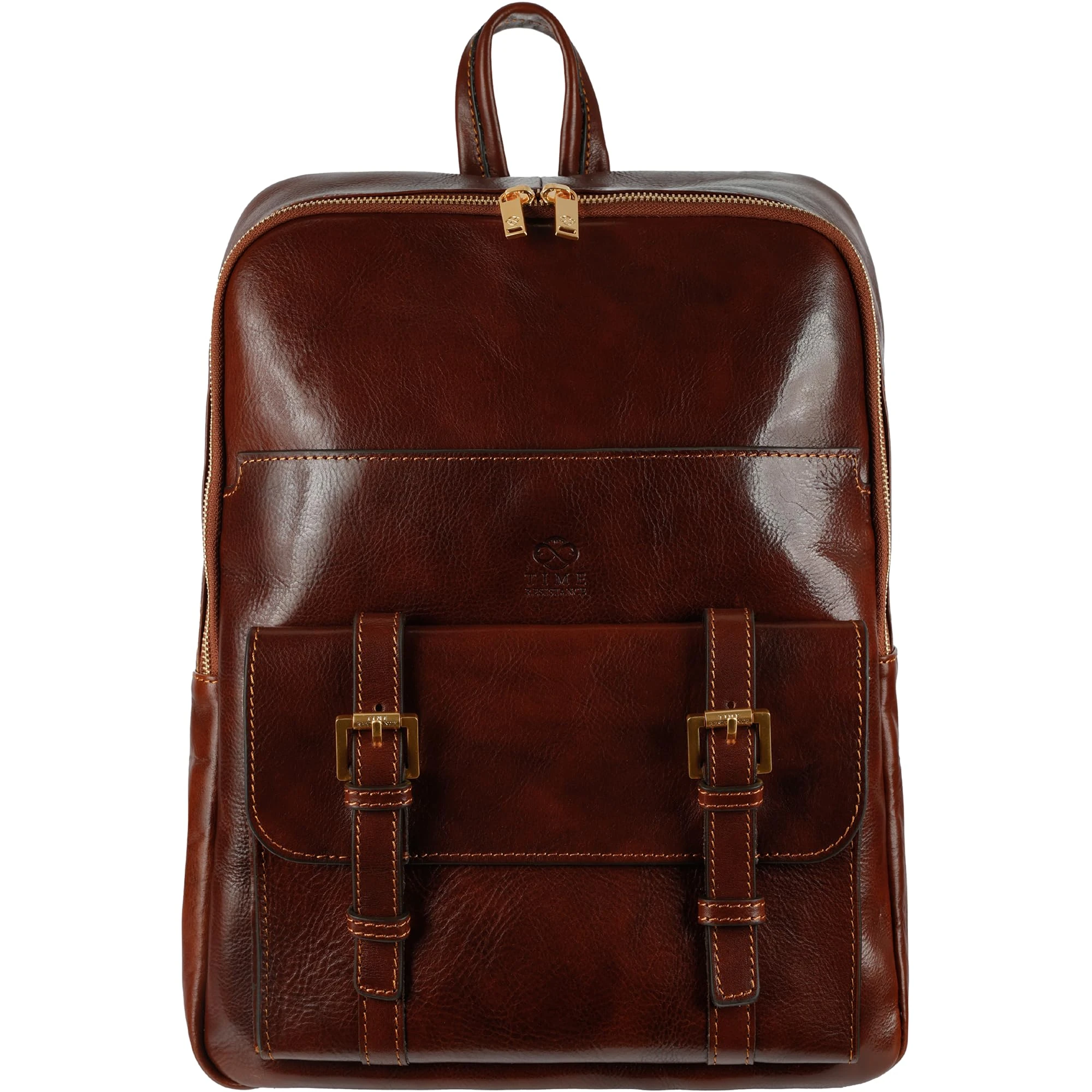 Time Resistance Brown Full Grain Leather Backpack - Large Vintage Rucksack Purse for Laptop up to 15” - Spacious Business Backpack for Men and Women - Handmade Italian Leather Unisex Travel Daypack
